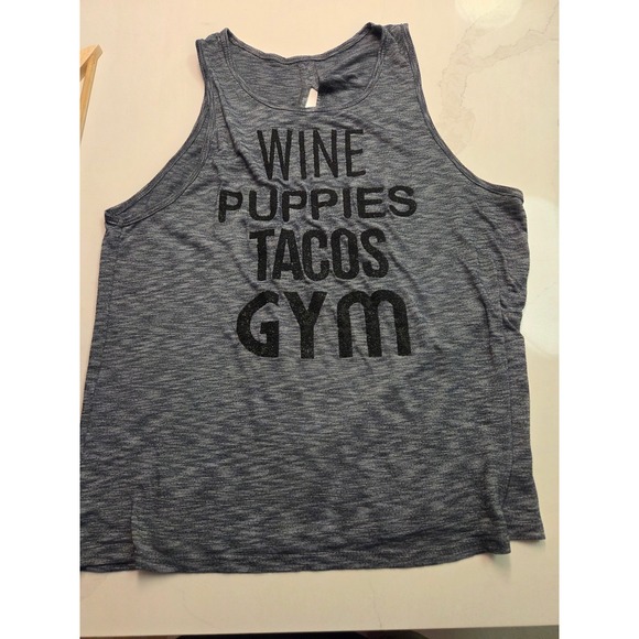 Tops - EVCR Womens Wine Puppies Tacos Gym Graphic Tank Top Blue Space Dye Small
